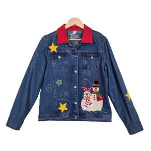 VTG Bleu Bayou Blue Denim Jacket sz M Snowman Winter Holiday Christmas Cotton